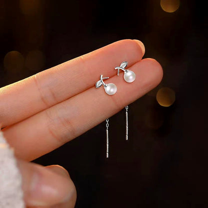 Sterling Silver Leaf Pearl Tassel Earrings