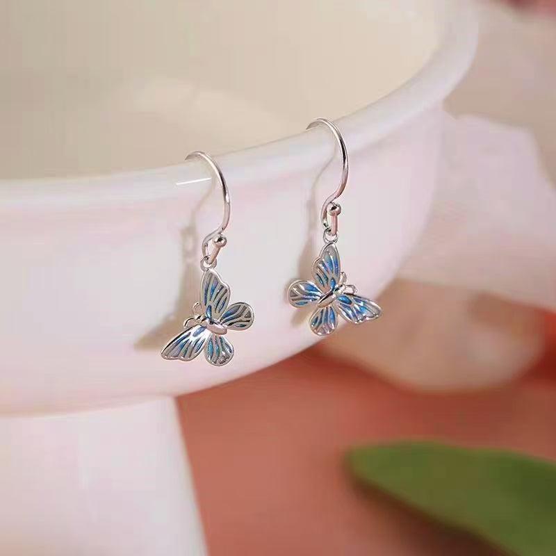 Sterling Silver Light Blue Butterfly Ear Hook Earrings