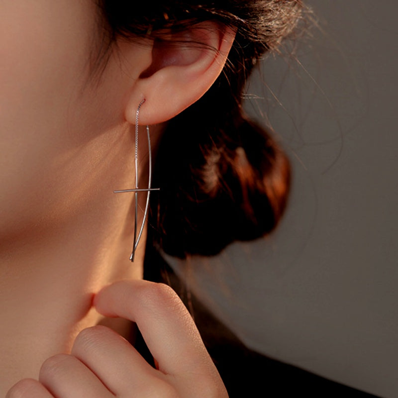 Sterling Silver Long Cross Threader Earrings