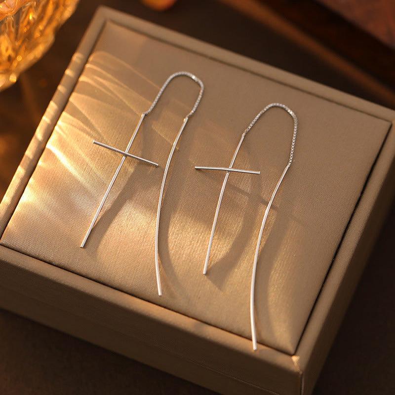 Sterling Silver Long Cross Threader Earrings