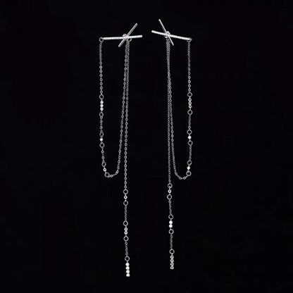 Sterling Silver Long Diamonds X-Shaped Earrings