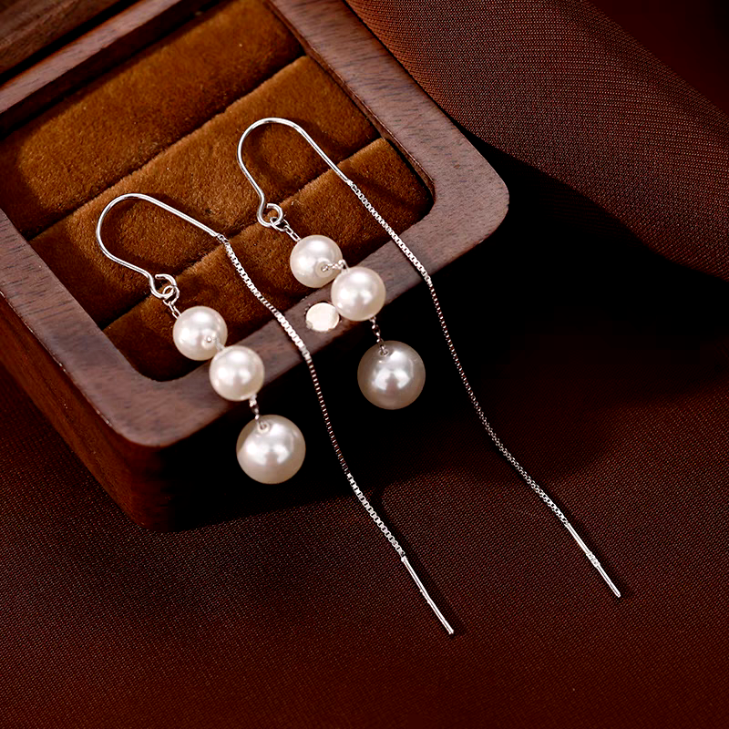 Sterling Silver Luxury Artificial Pearl Tassel Threader Earrings