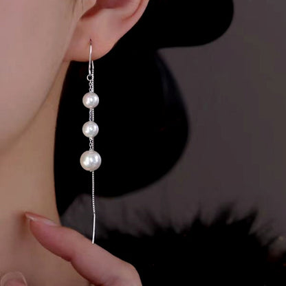 Sterling Silver Luxury Artificial Pearl Tassel Threader Earrings
