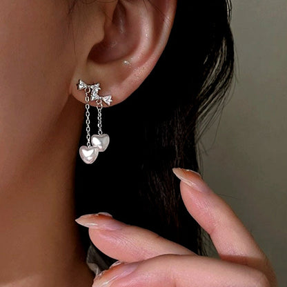 Sterling Silver Luxury Bow Heart Tassel Earrings
