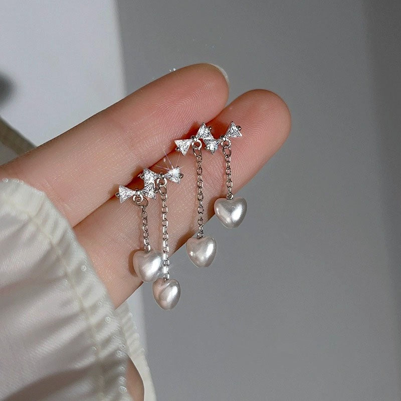 Sterling Silver Luxury Bow Heart Tassel Earrings