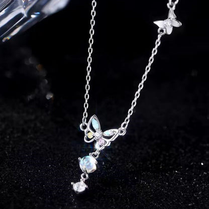 Sterling Silver Luxury Colored Diamond Butterfly Moonstone Clavicle Necklaces