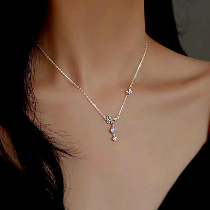Sterling Silver Luxury Colored Diamond Butterfly Moonstone Clavicle Necklaces