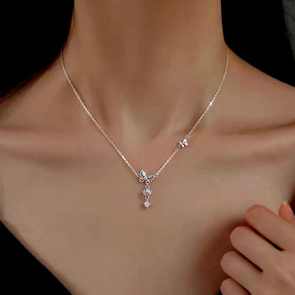 Sterling Silver Luxury Colored Diamond Butterfly Moonstone Clavicle Necklaces