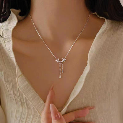 Sterling Silver Luxury Diamond Butterfly Tassel Necklaces