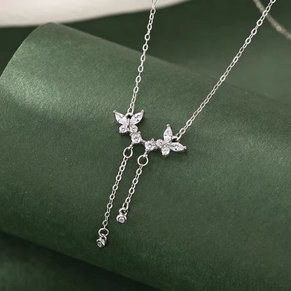 Sterling Silver Luxury Diamond Butterfly Tassel Necklaces