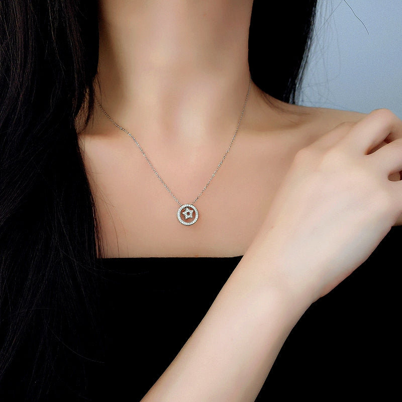 Sterling Silver Luxury Diamond Circle Star Necklace