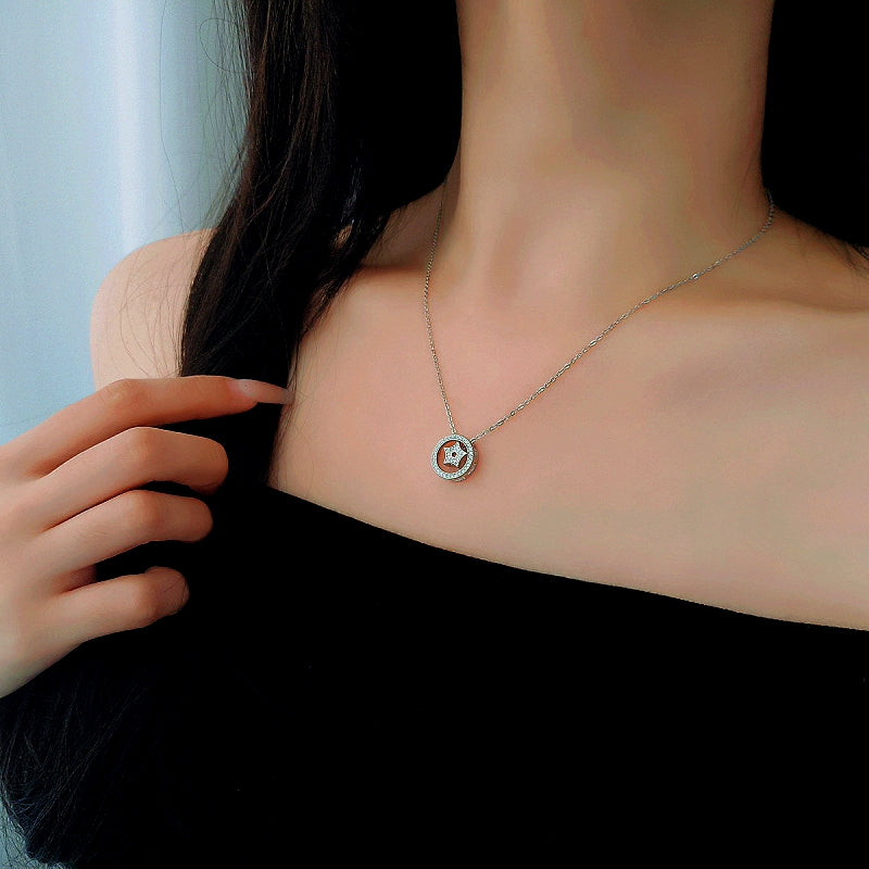 Sterling Silver Luxury Diamond Circle Star Necklace