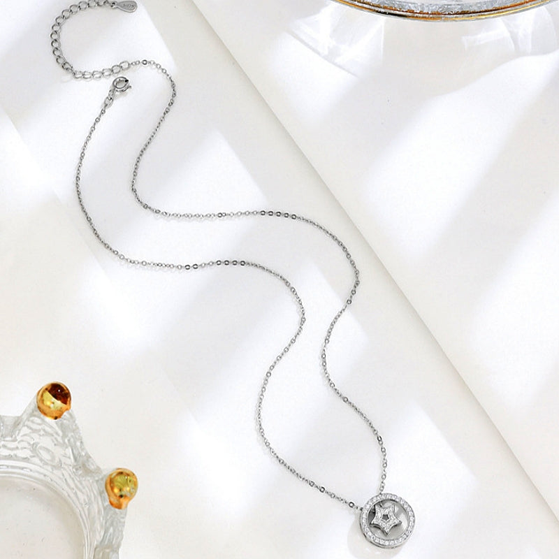 Sterling Silver Luxury Diamond Circle Star Necklace