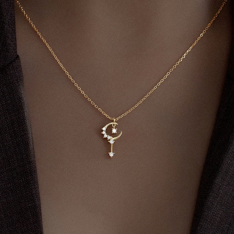 Sterling Silver Luxury Diamond Moon Pendant Necklace