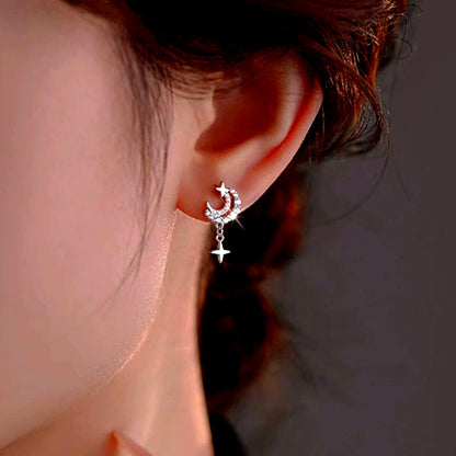 Sterling Silver Luxury Diamond Star And Moon Earrings