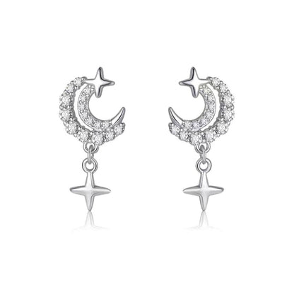 Sterling Silver Luxury Diamond Star And Moon Earrings