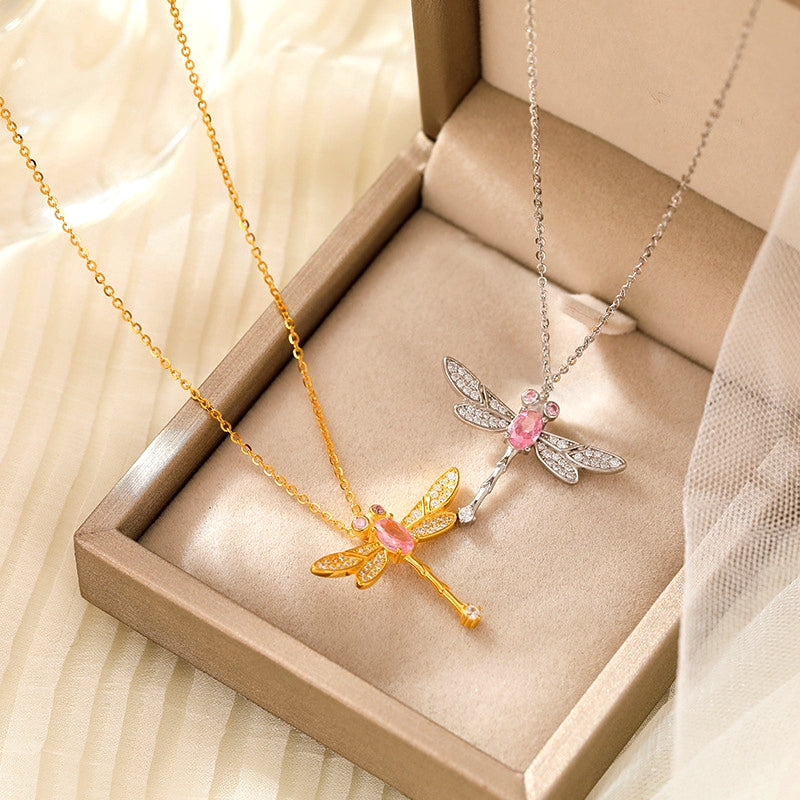 Sterling Silver Luxury Dragonfly Pink Zircon Diamond Necklace