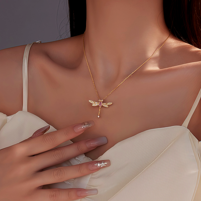 Sterling Silver Luxury Dragonfly Pink Zircon Diamond Necklace