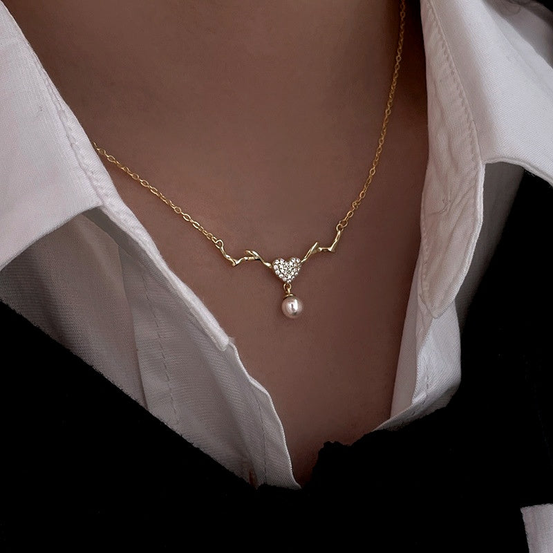 Sterling Silver Luxury Elk Diamond Heart Pearl Necklace