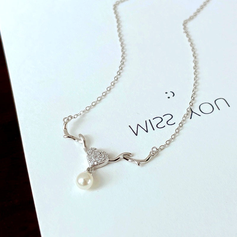 Sterling Silver Luxury Elk Diamond Heart Pearl Necklace