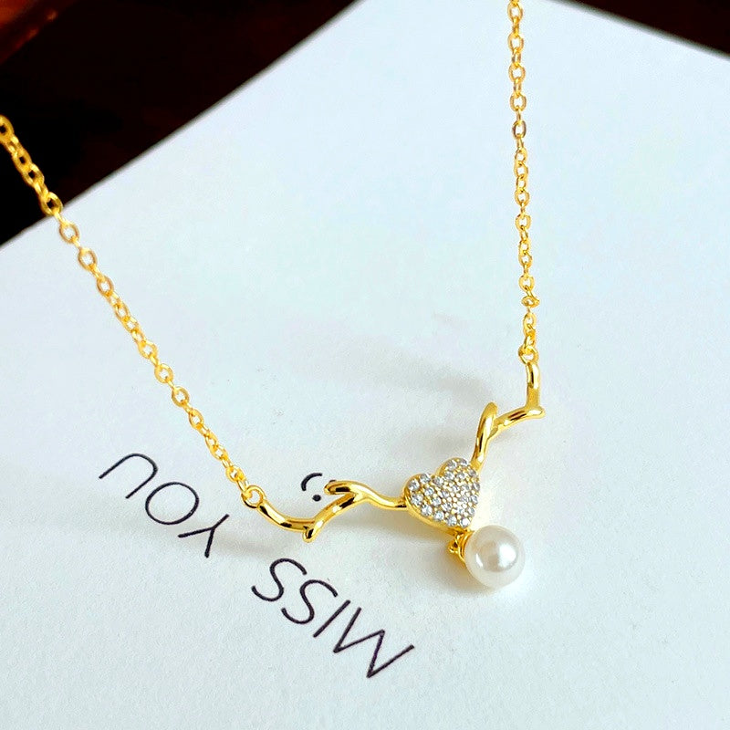 Sterling Silver Luxury Elk Diamond Heart Pearl Necklace