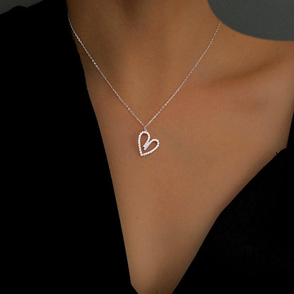 Sterling Silver Luxury Hollow Zircon Heart Pendant Necklace