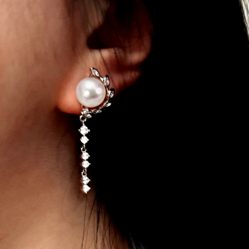 Sterling Silver Luxury Zircon Leaf Pearl Earrings