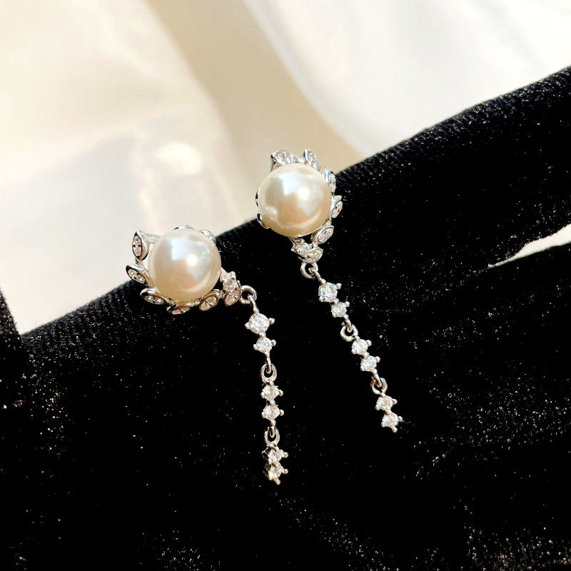 Sterling Silver Luxury Zircon Leaf Pearl Earrings