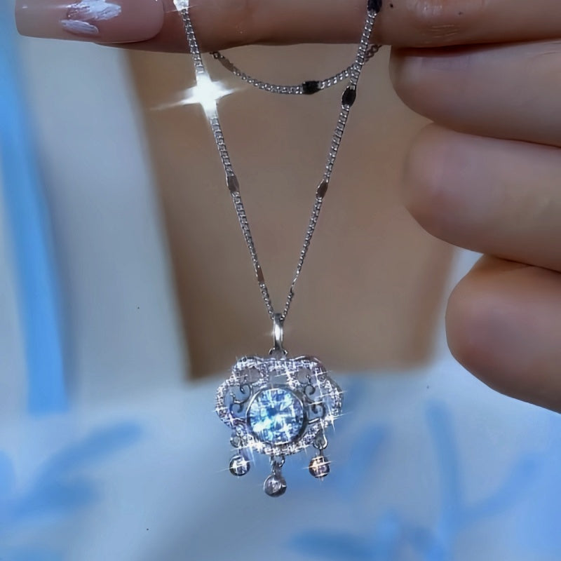 Sterling Silver Luxury Zircon Ruyi Peace Lock Necklace