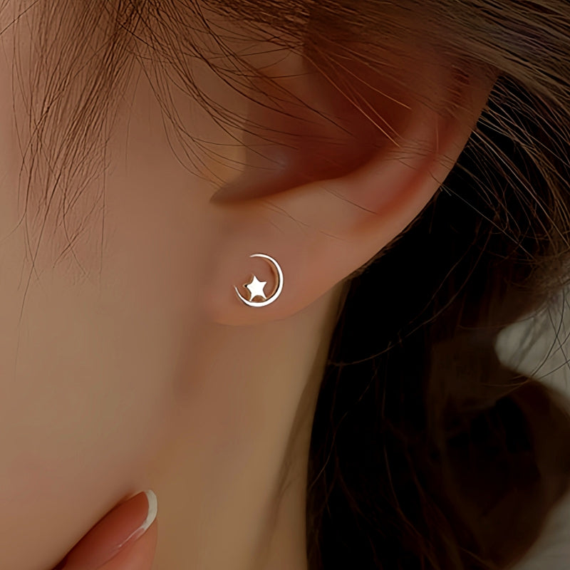 Sterling Silver Moon And Star Stud Earrings