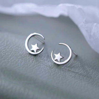 Sterling Silver Moon And Star Stud Earrings