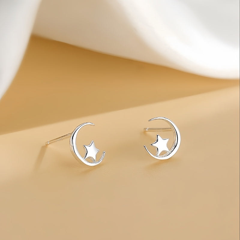 Sterling Silver Moon And Star Stud Earrings