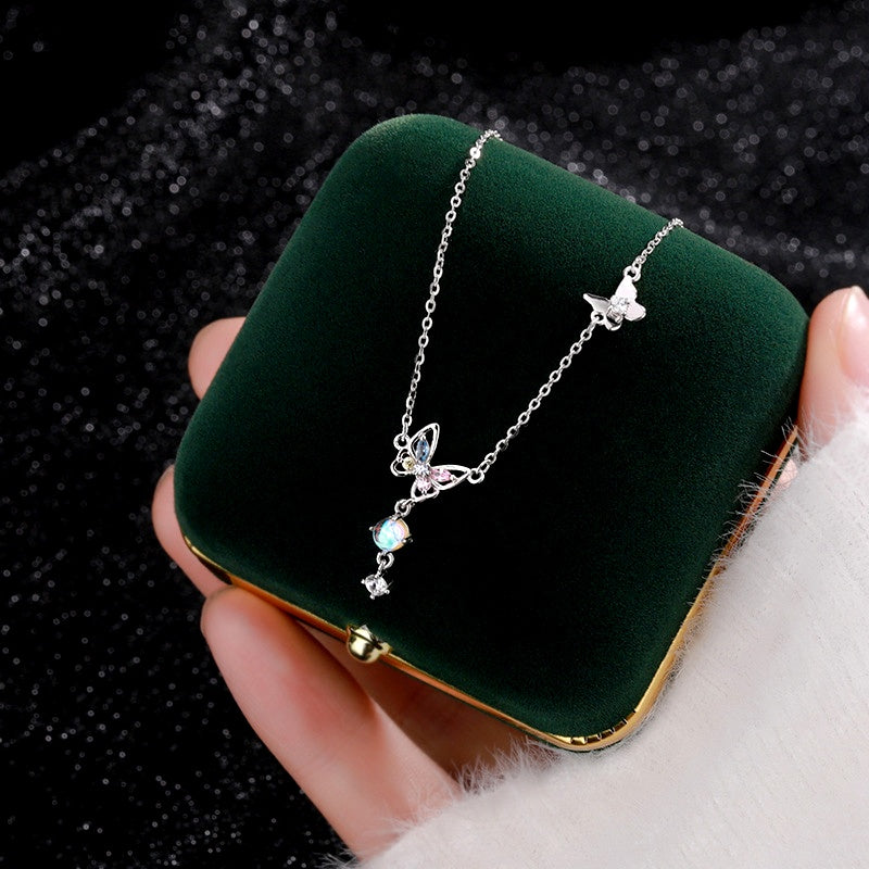 Sterling Silver Moonstone Butterfly Tassel Necklace