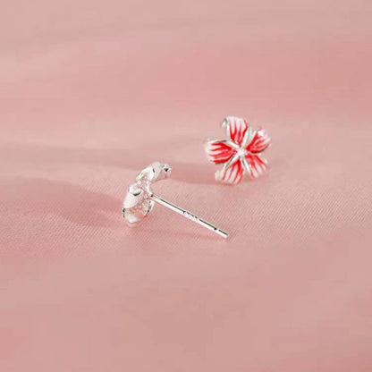 Sterling Silver Peach Red Five-Petal Flower Earrings