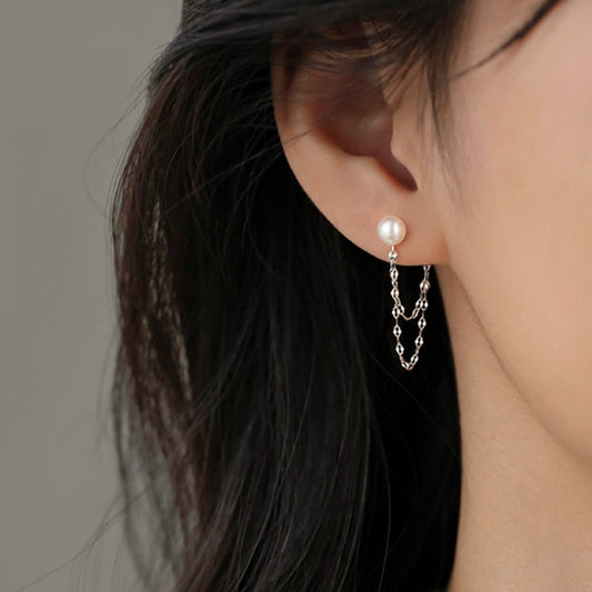 Sterling Silver Pearl Double Tile Chain Earrings