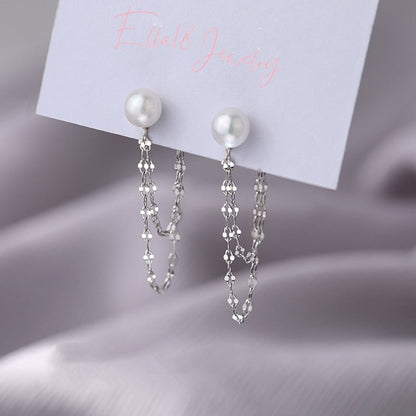 Sterling Silver Pearl Double Tile Chain Earrings
