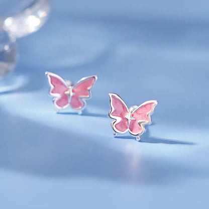 Sterling Silver Pink Butterfly Stud Earrings