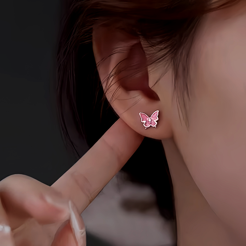 Sterling Silver Pink Butterfly Stud Earrings