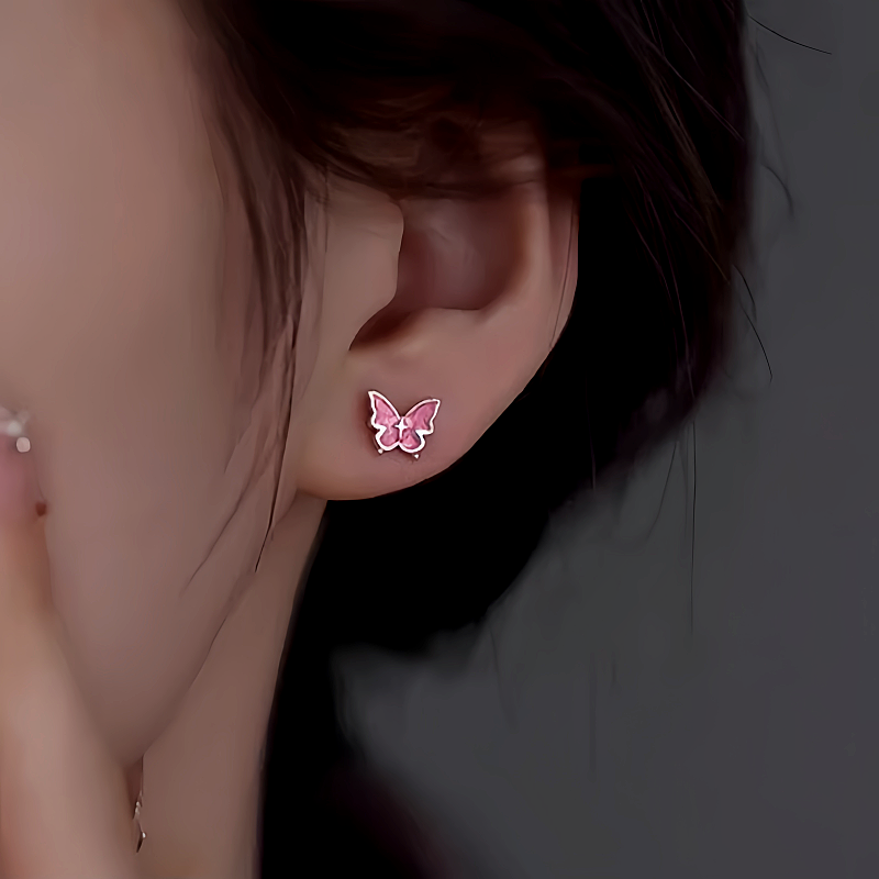Sterling Silver Pink Butterfly Stud Earrings