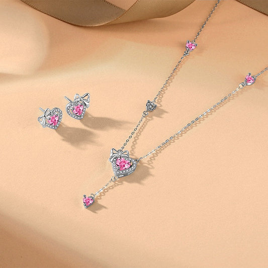 Sterling Silver Pink Diamond Hear Bow Earrings And Necklace Set