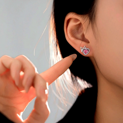 Sterling Silver Pink Diamond Hear Bow Earrings And Necklace Set