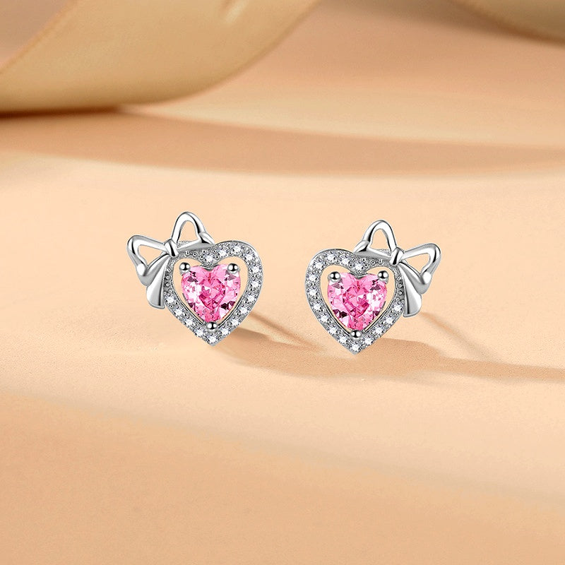 Sterling Silver Pink Diamond Hear Bow Earrings And Necklace Set