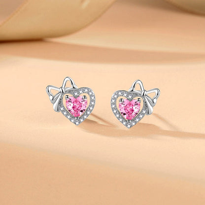 Sterling Silver Pink Diamond Hear Bow Earrings And Necklace Set