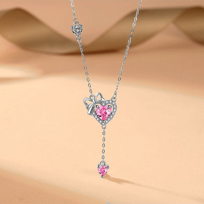 Sterling Silver Pink Diamond Hear Bow Earrings And Necklace Set