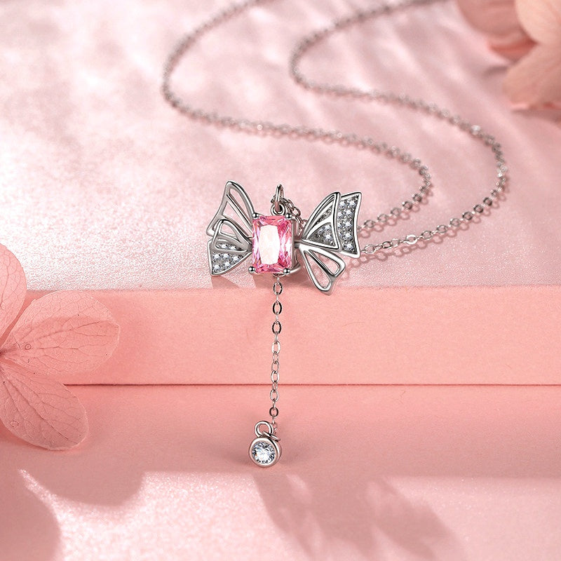 Sterling Silver Pink Diamond Wings Necklace