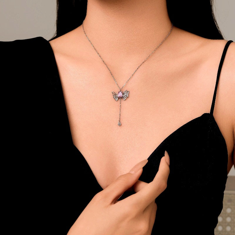 Sterling Silver Pink Diamond Wings Necklace