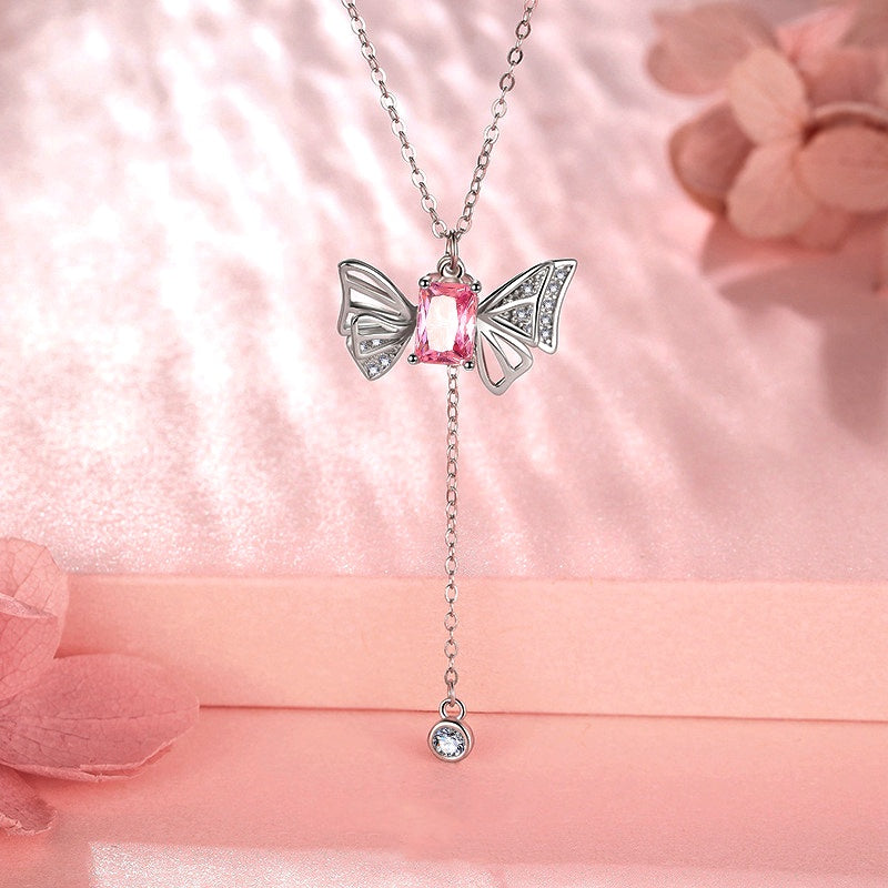 Sterling Silver Pink Diamond Wings Necklace