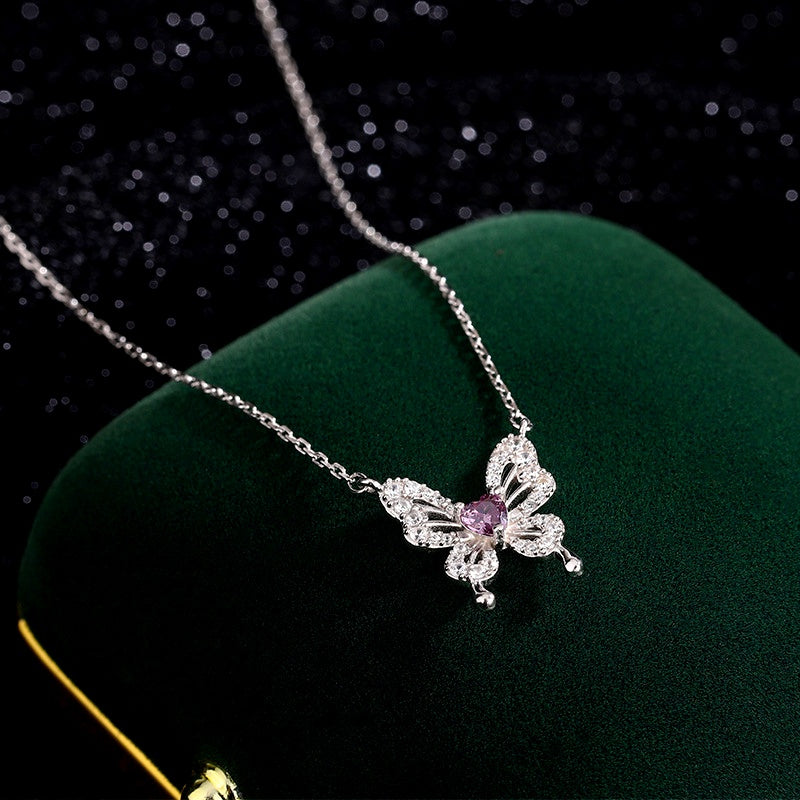 Sterling Silver Purple Diamond Heart Butterfly Necklace