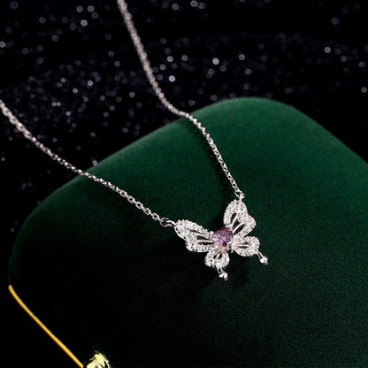 Sterling Silver Purple Diamond Heart Butterfly Necklace