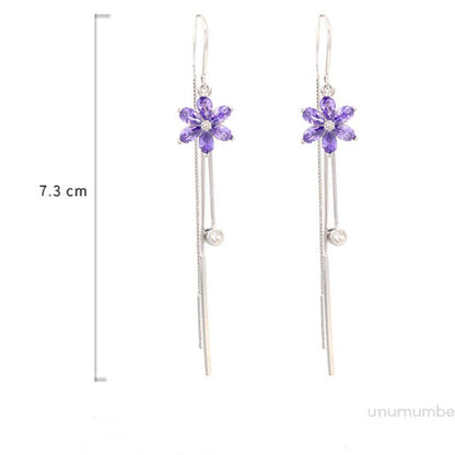 Sterling Silver Purple Zircon Flower Tassel Threader Earrings
